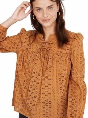 Madewell Mustard Eyelet Peasant Blouse XL Boho Cottagecore Cotton Top